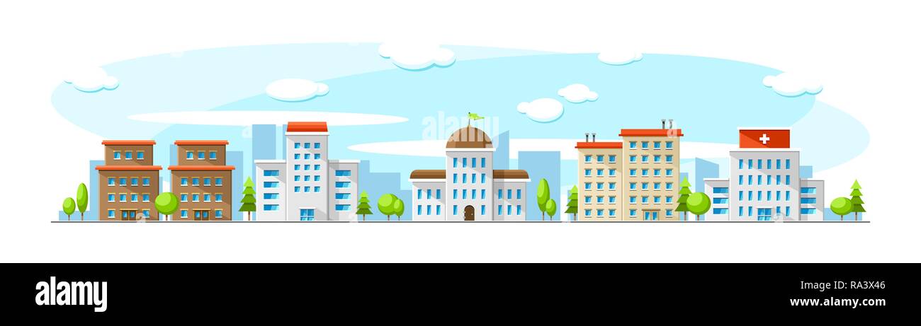 Stadtbild mit alten und modernen Gebäuden wie Krankenhaus, Parlament, Büro und Schule. Vektor flachbild Stadt Abbildung Stock Vektor