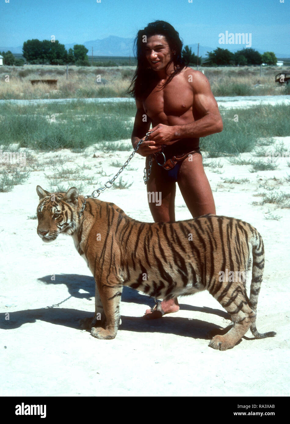 LAS VEGAS, NV - Juli 10: (exklusiv) Acrobat/Künstler Vladimir Mialovski mit einem Tiger stellt beim Fototermin am 10. Juli 1993 in Las Vegas, Nevada. Foto von Barry King/Alamy Stock Foto Stockfoto