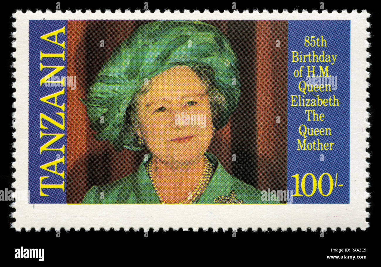 Briefmarke aus Tansania in die Königin Mutter geburtstag Serie 1985 ausgestellt Stockfoto