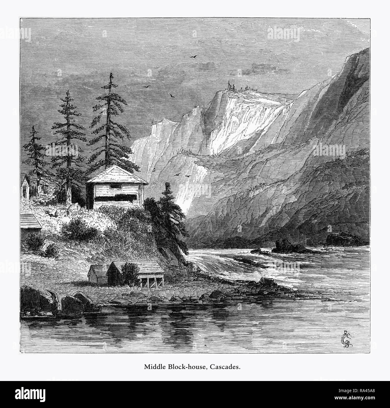 Mitte Block House, Wasserfälle, Kaskaden, Washington, USA, US-amerikanischen Viktorianischen Gravur, 1872 Stockfoto