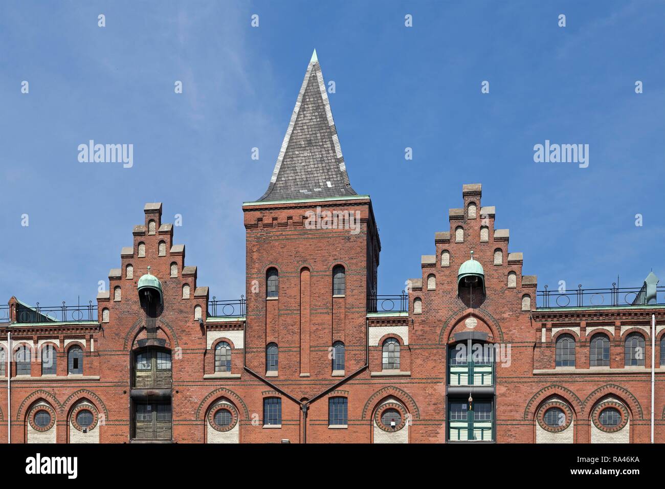 Giebel, roten Backsteinfassade, Speicherstadt, Hamburg, Deutschland Stockfoto