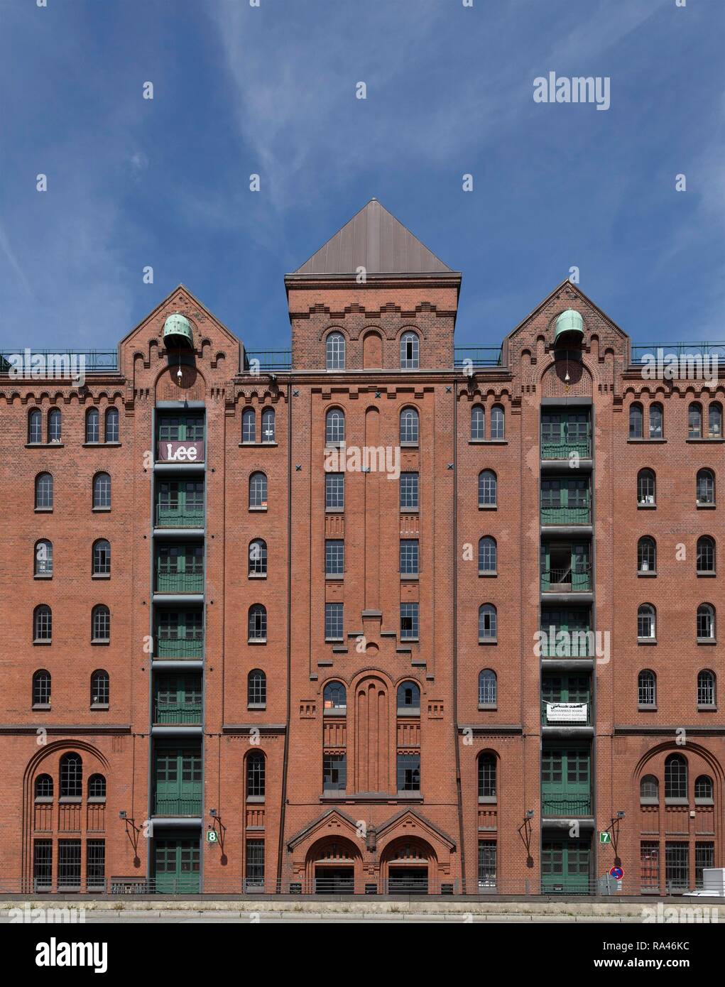 Roten Backsteinfassade, Speicherstadt, Hamburg, Deutschland Stockfoto