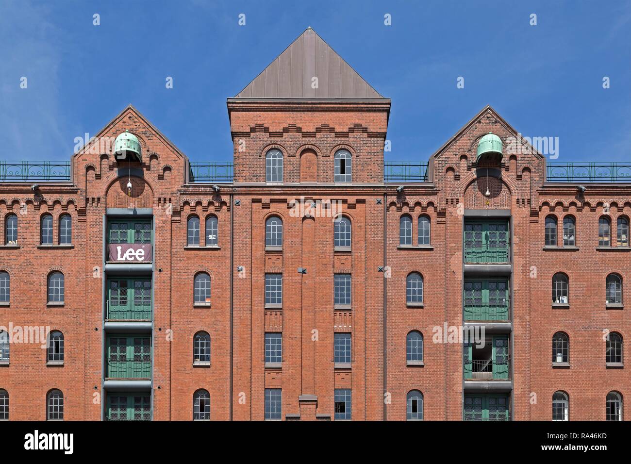 Roten Backsteinfassade, Speicherstadt, Hamburg, Deutschland Stockfoto