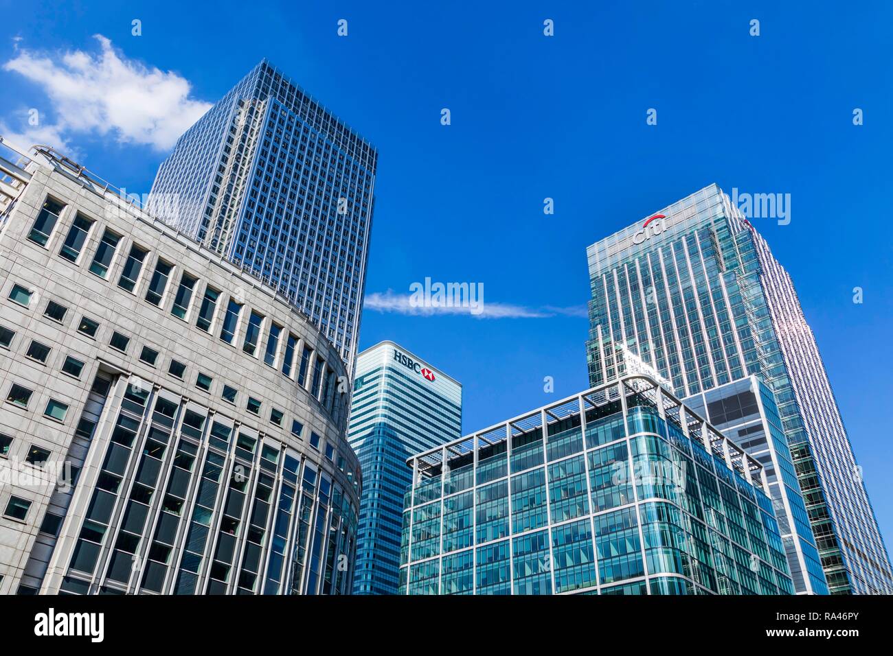 Thomson Reuters Nachrichtenagentur Hauptsitz, Canary Wharf Tower, Citi Bank Hauptsitz Citigroup Center und HSBC Stockfoto