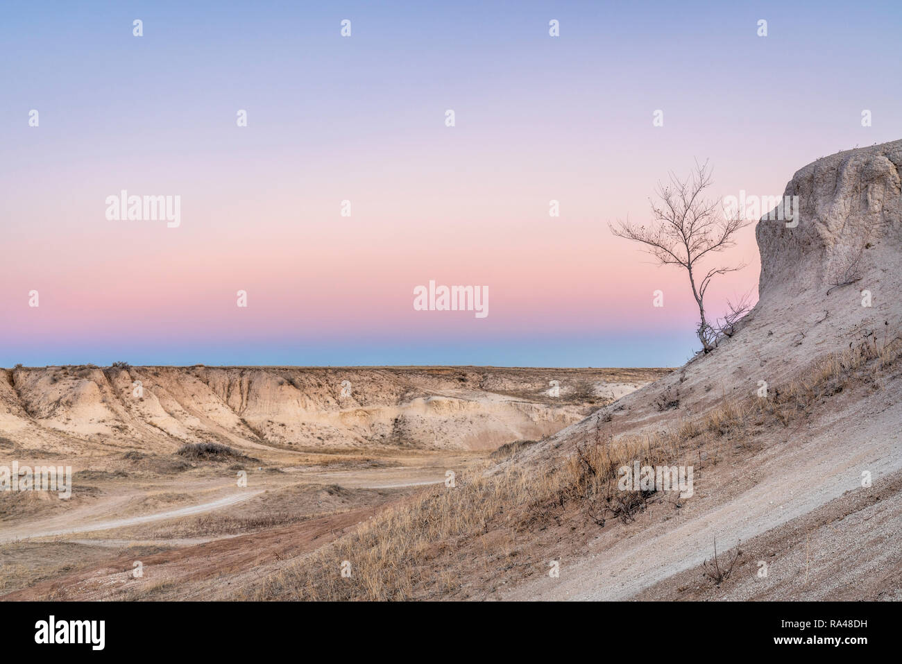 Winter Dämmerung über Badlands in Pawnee nationalen Wiesen mit einem einsamen Baum Stockfoto