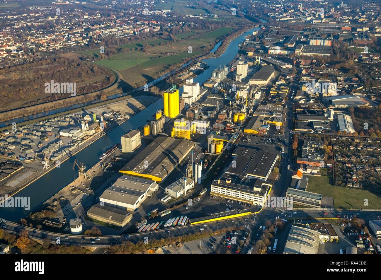 Luftaufnahme, Brökelmann Ölmühle auf dem Datteln-Hamm-Kanal, Öl Hersteller, Hamm, Ruhrgebiet, Nordrhein-Westfalen, Deutschland Stockfoto