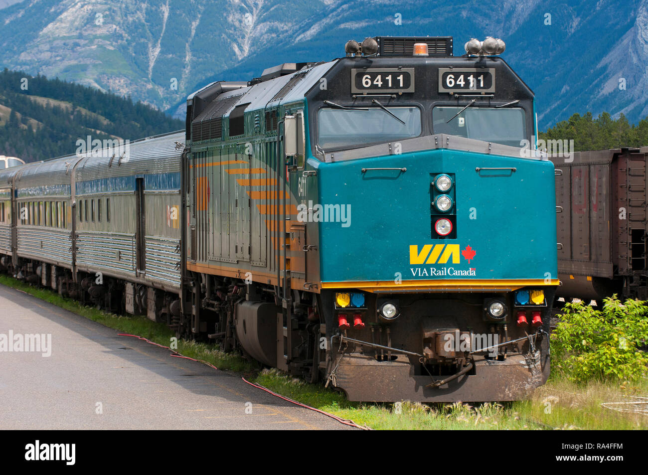 Via Rail Canada Zug in Jasper, Jasper National Park, Alberta, Kanada Stockfoto