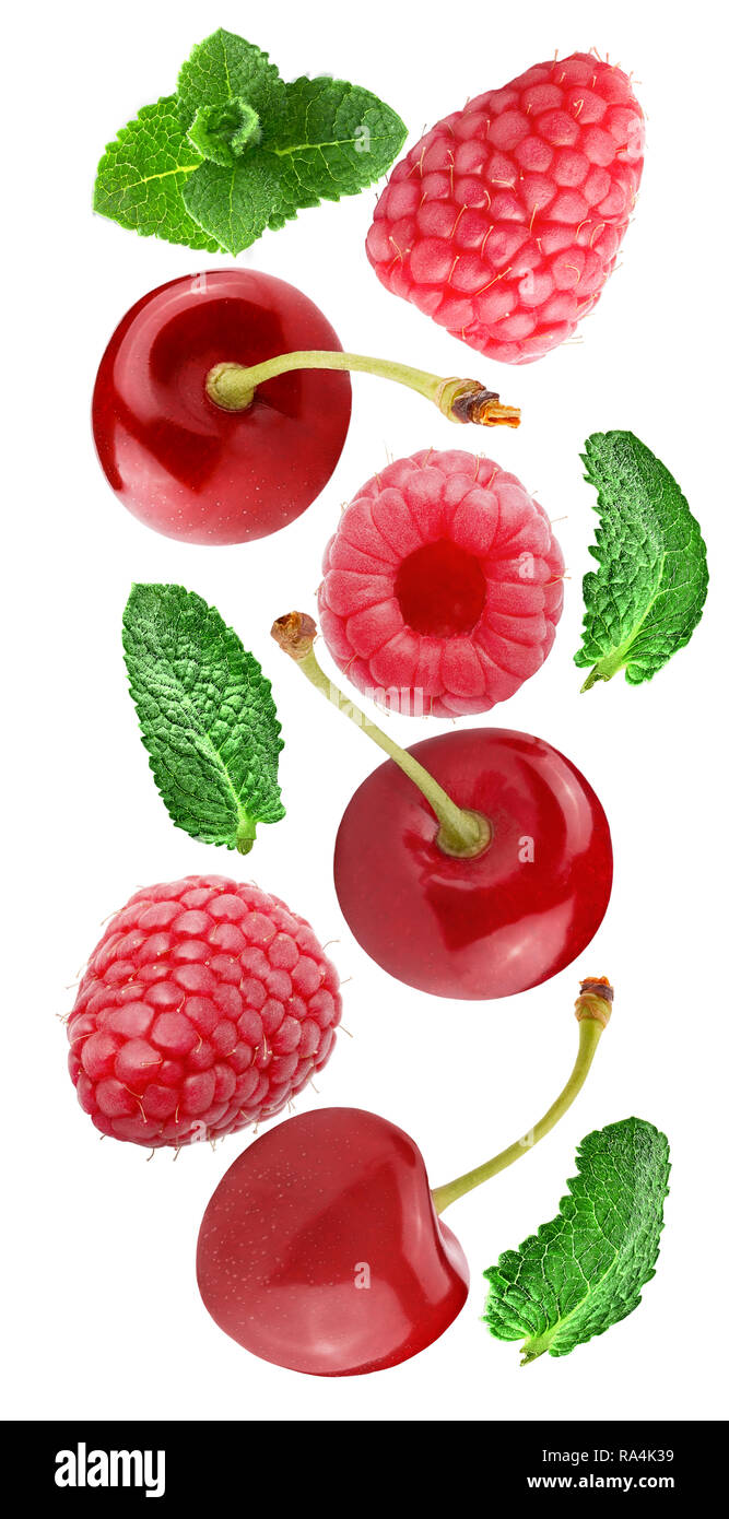 Flying Kirsche und Himbeere Früchte auf weißem Hintergrund mit freistellungspfad als Package Design Element und Werbung isoliert. Volle Tiefenschärfe. Stockfoto
