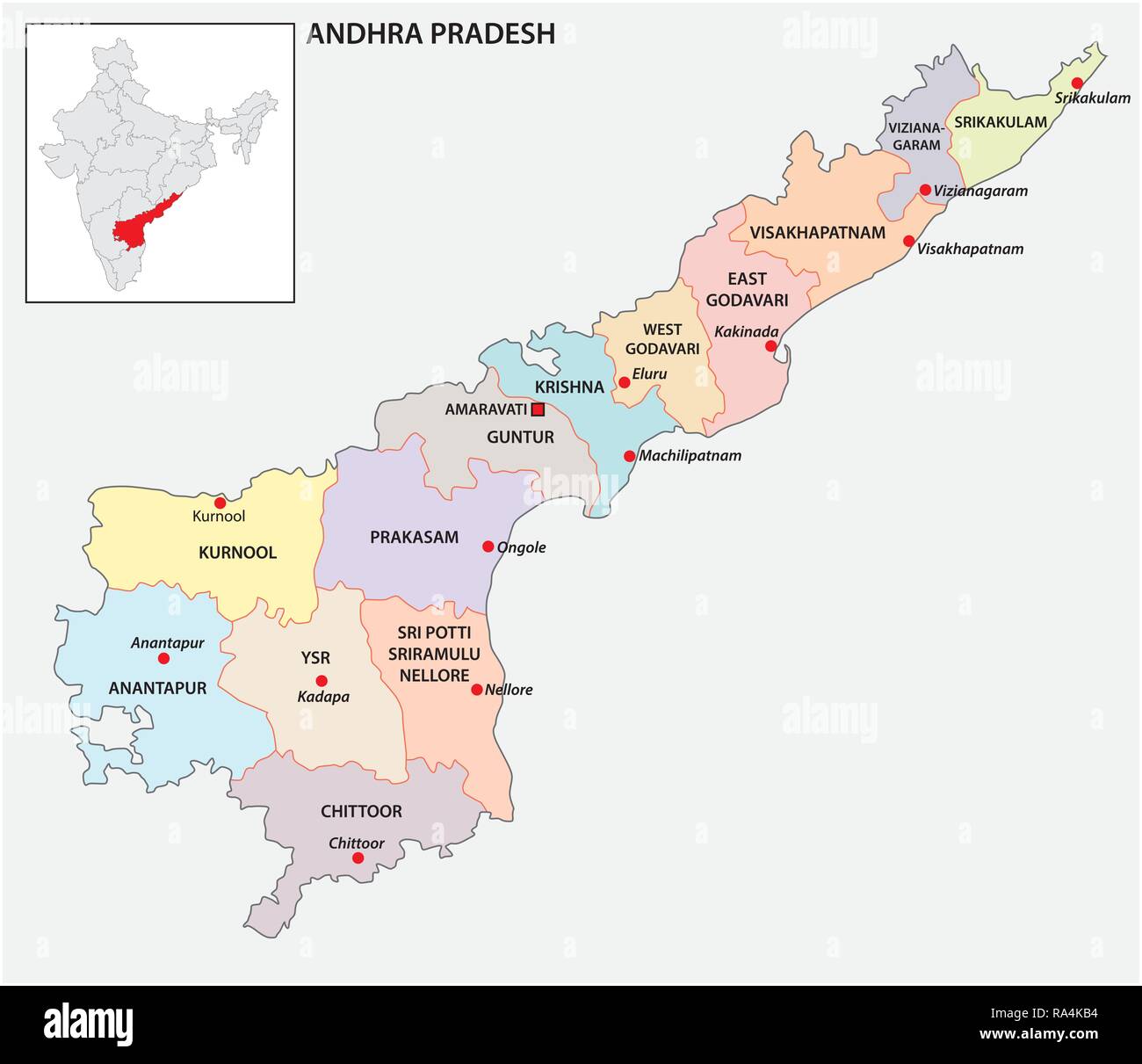 Administrative und politische Karte von indischen Bundesstaat Andhra Pradesh, Indien Stock Vektor