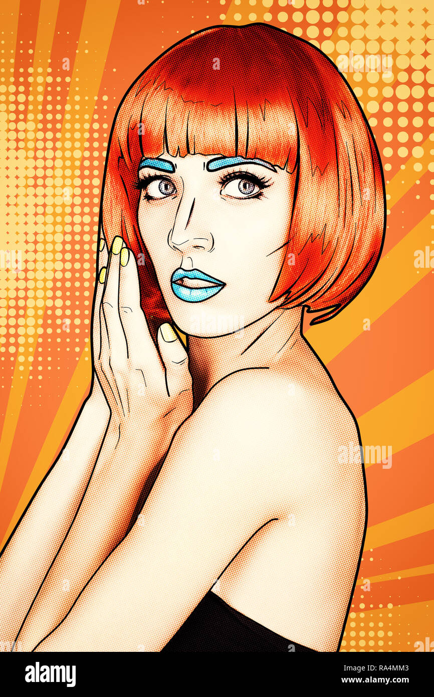 Porträt der jungen Frau in den komischen Pop art Make-up Stil. Frau in Rot Perücke auf gelb-orange cartoon Hintergrund. Stockfoto