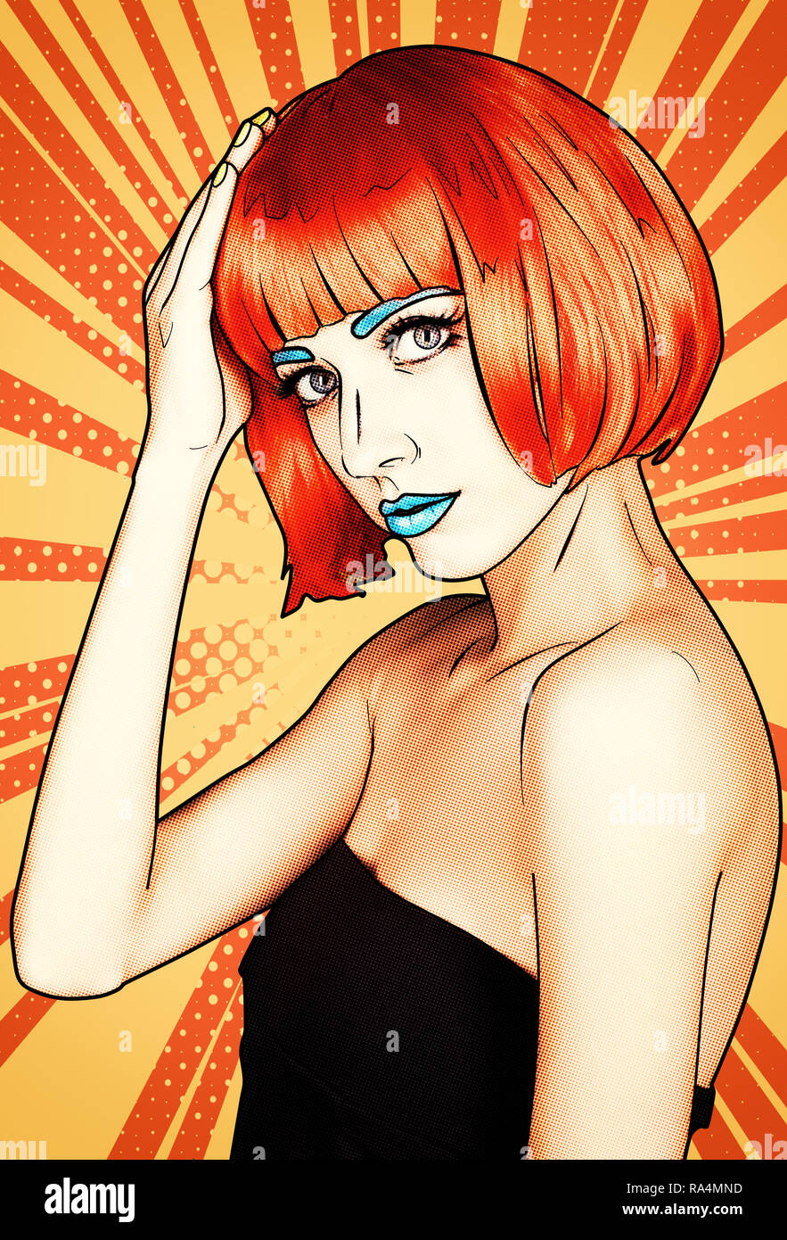 Porträt der jungen Frau in den komischen Pop art Make-up Stil. Frau in Rot Perücke auf gelb-orange cartoon Hintergrund. Stockfoto