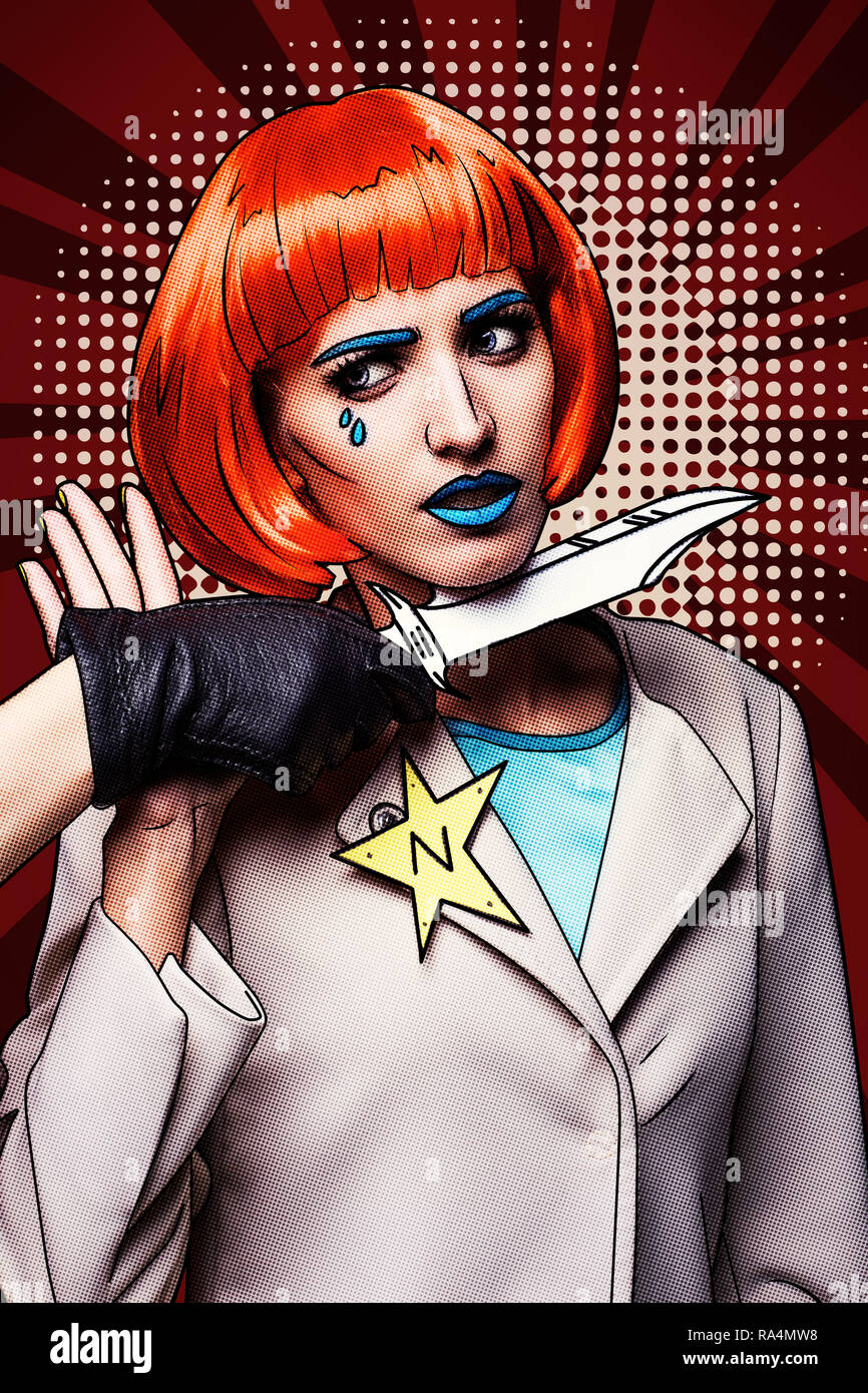 Frau mit Messer in der Nähe der Kehle. Porträt der jungen Frau in den komischen Pop art Make-up Art auf rot Karikatur Hintergrund. Stockfoto