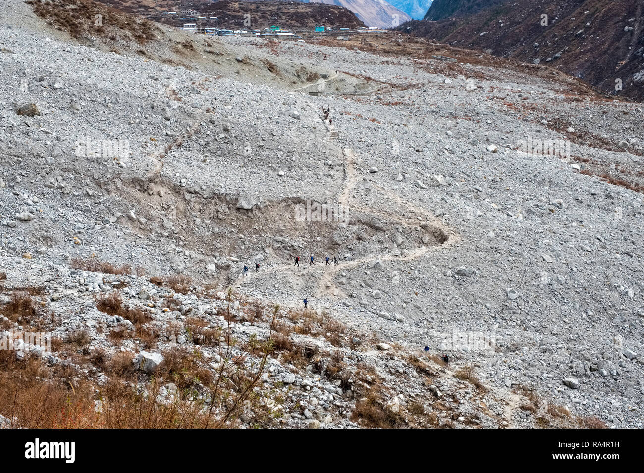 Trekker Überquerung der massiven Erdrutsch, der aus dem Dorf Langtang im Erdbeben von 2015 ausgelöscht, Nepal Himalaya Stockfoto