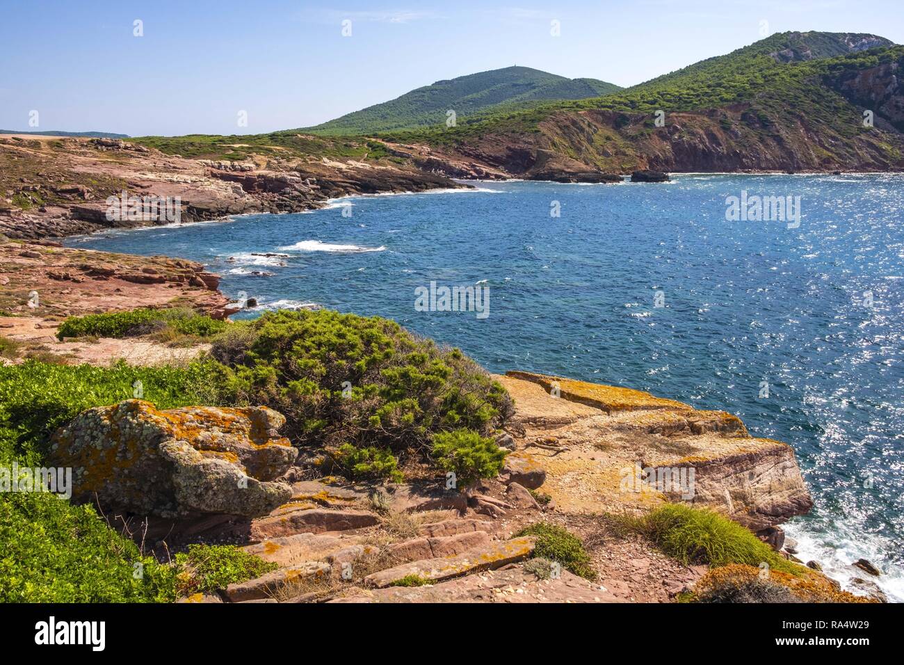 Alghero, Sardinien/Italien - 2018/08/11: Blick auf die Cala Porticciolo Golf mit Klippen über die Cala Viola Golf in der Porto Conte Regional Park Stockfoto