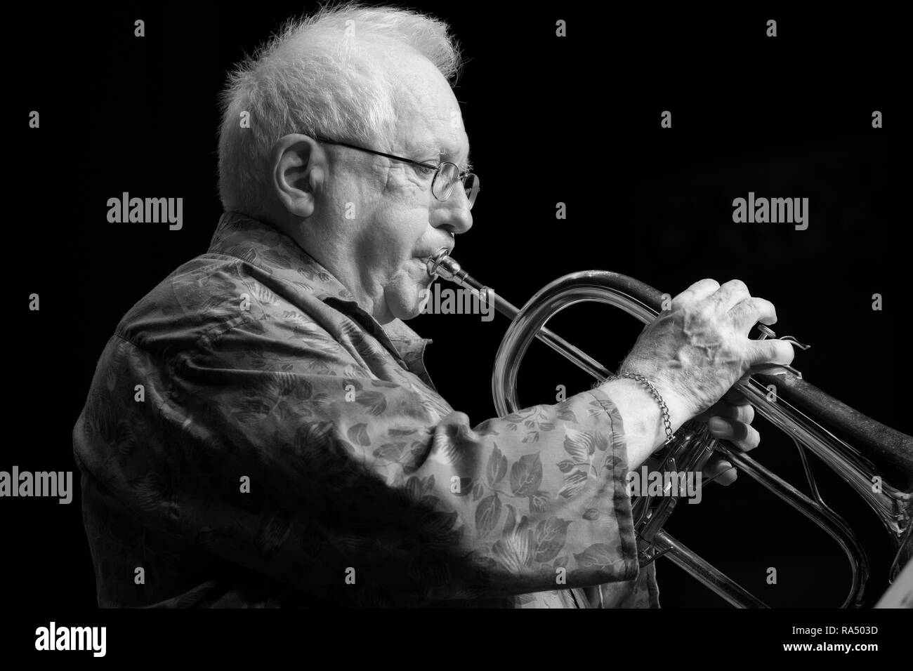 Henry Lowther Solo für Trompete mit Hans Koller Big Band für Mike Gibbs 80. Geburtstag feiern, Scarborough Jazz Festival 2017 Stockfoto