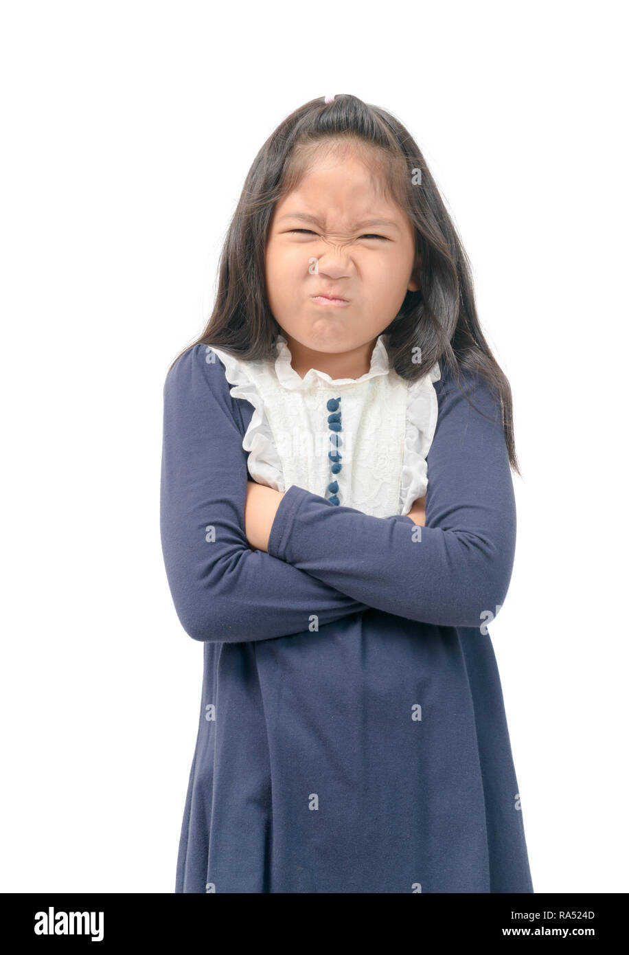 Kid Geste stinkt. Portrait von Mädchen Ekel etwas stinkt schlechter Geruch Situation. Menschliches Gesicht Ausdruck Körpersprache Reaktion isoliert auf weißem Stockfoto