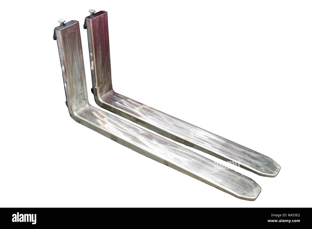 Industrielle Gabel für Gabelstapler mobile, Rechtwinklige stahlruten verwendet werden, sind Objekte, auf weißem Hintergrund Stockfoto