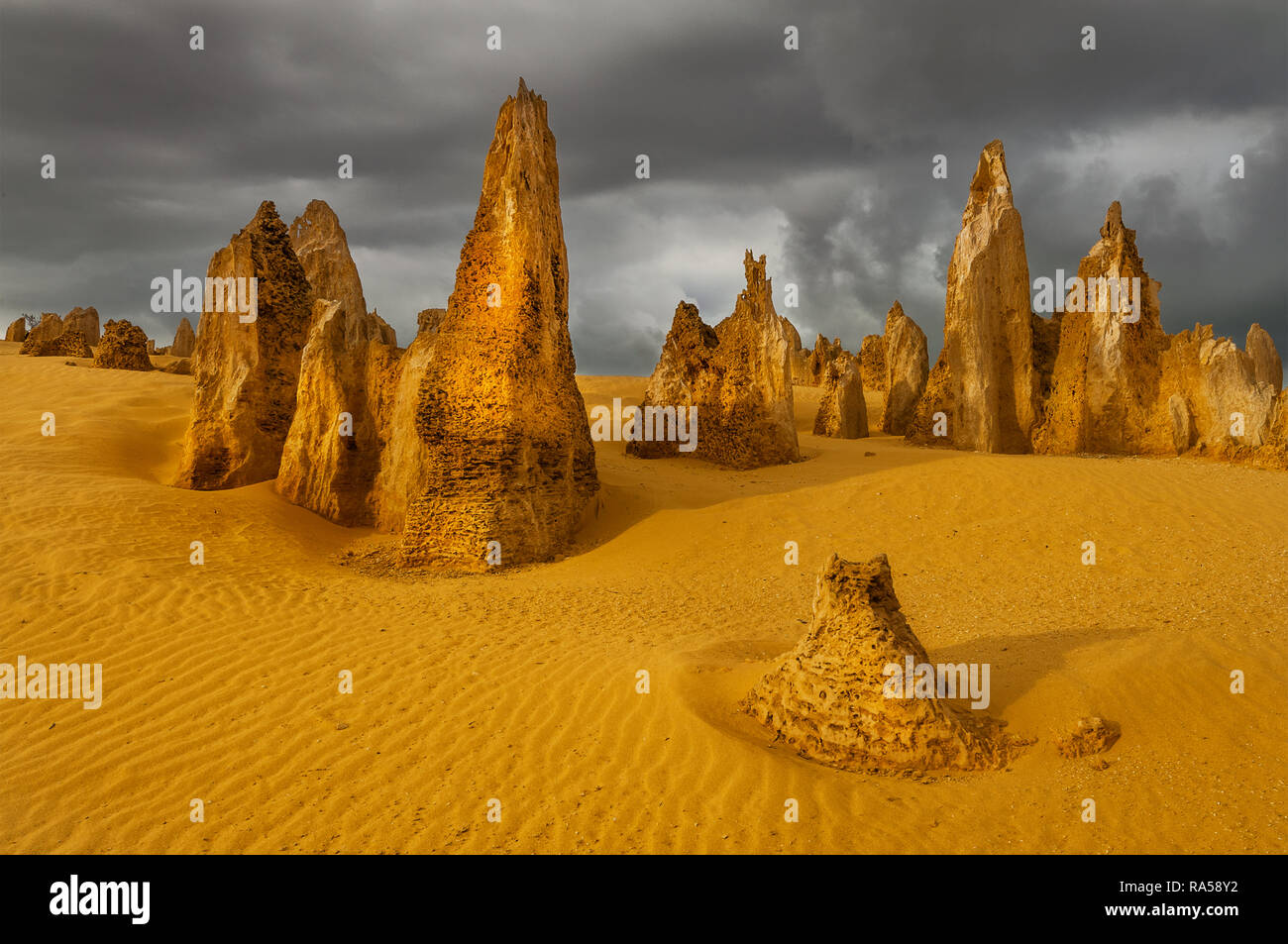 Antike Skulpturen des Pinnacle Wüste im Nambung Nationalpark. Stockfoto