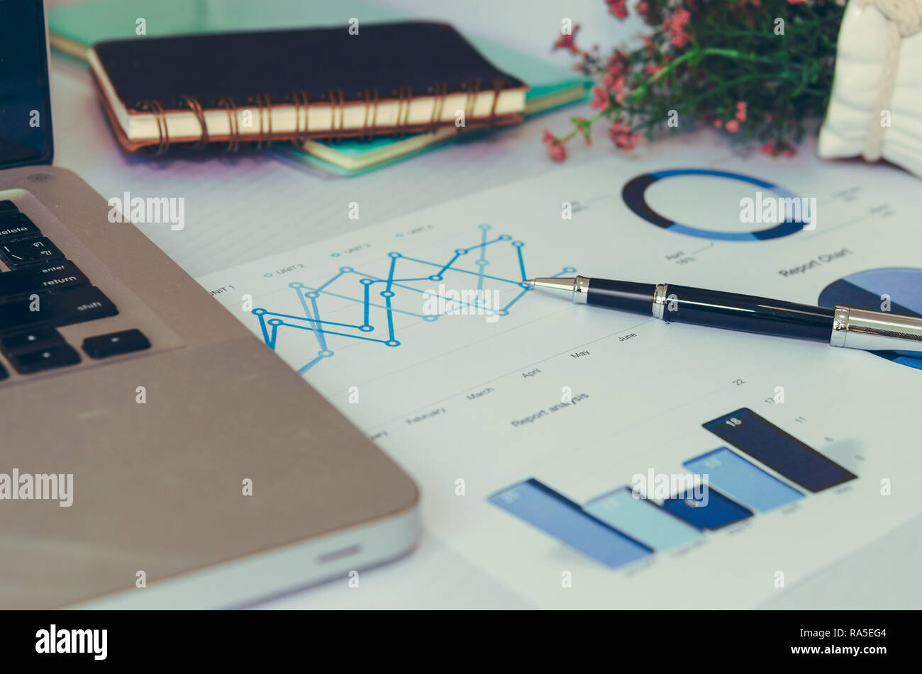 Laptop mit finanziellen Diagramme und Schaubilder. Stockfoto