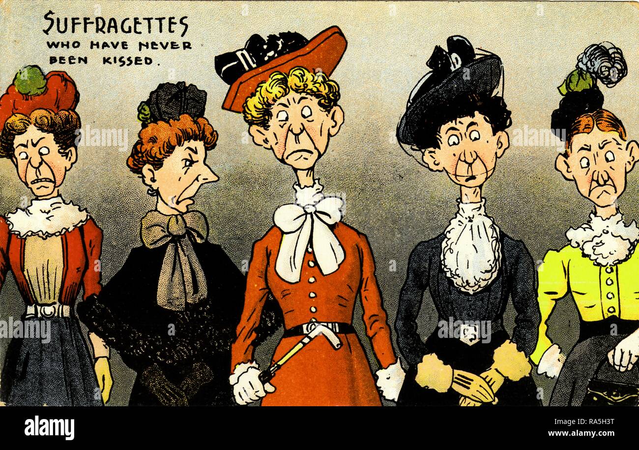 Anti-Wahlrecht, Farbe Postkarte, zeigt eine Gruppe von suffragists wie Sauer - gehärtet und unattraktive alte Dienstmädchen, mit der der Text uffragettes, die nie geküsst haben", für den britischen Markt, 1900 veröffentlicht. () Stockfoto