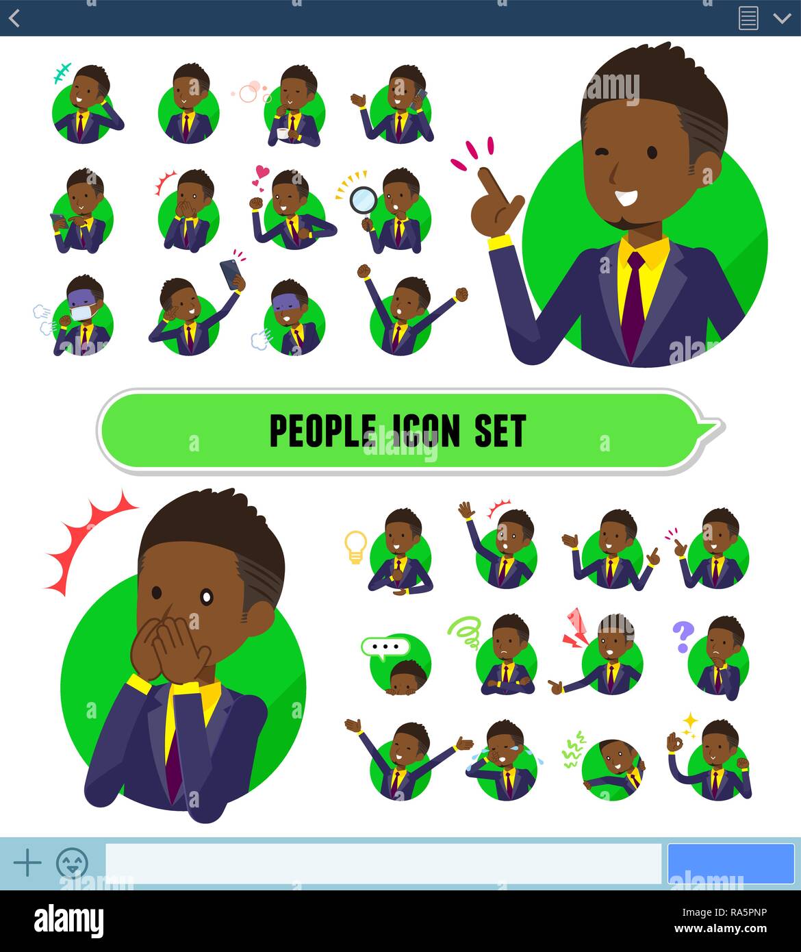 Eine Reihe von afrikanischen amerikanischen Geschäftsmann mit bringt die verschiedenen Emotionen auf der SNS-Bildschirm. Es gibt Variationen der Gefühle wie Freude und Trauer. Stock Vektor