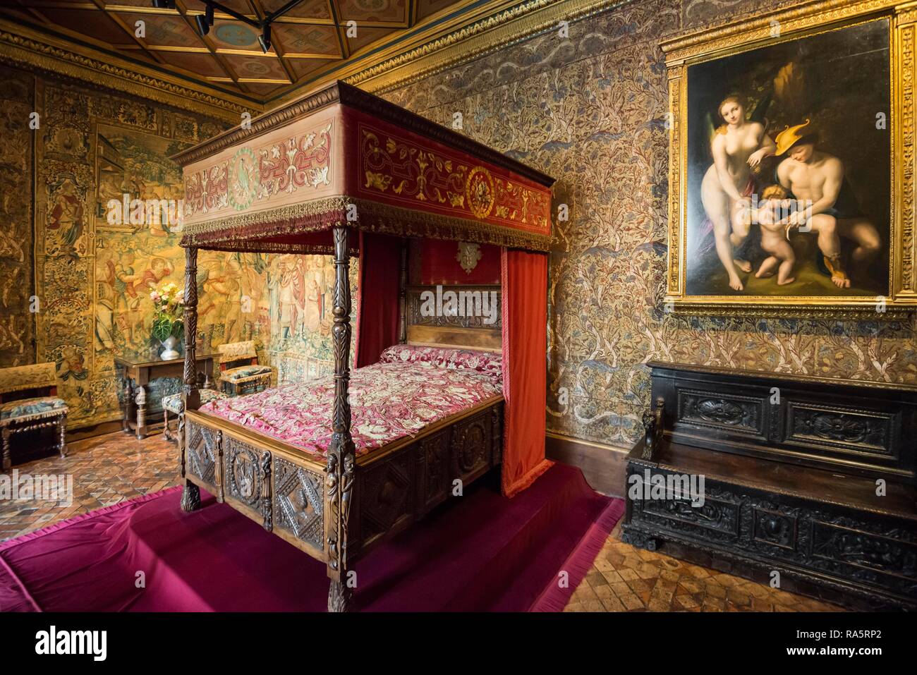 Historische Schlafzimmer, Schloss Chenonceau, Château de Chenonceau, Amboise Abteilung, Loire, Indre-et-Loire, Region Centre Stockfoto