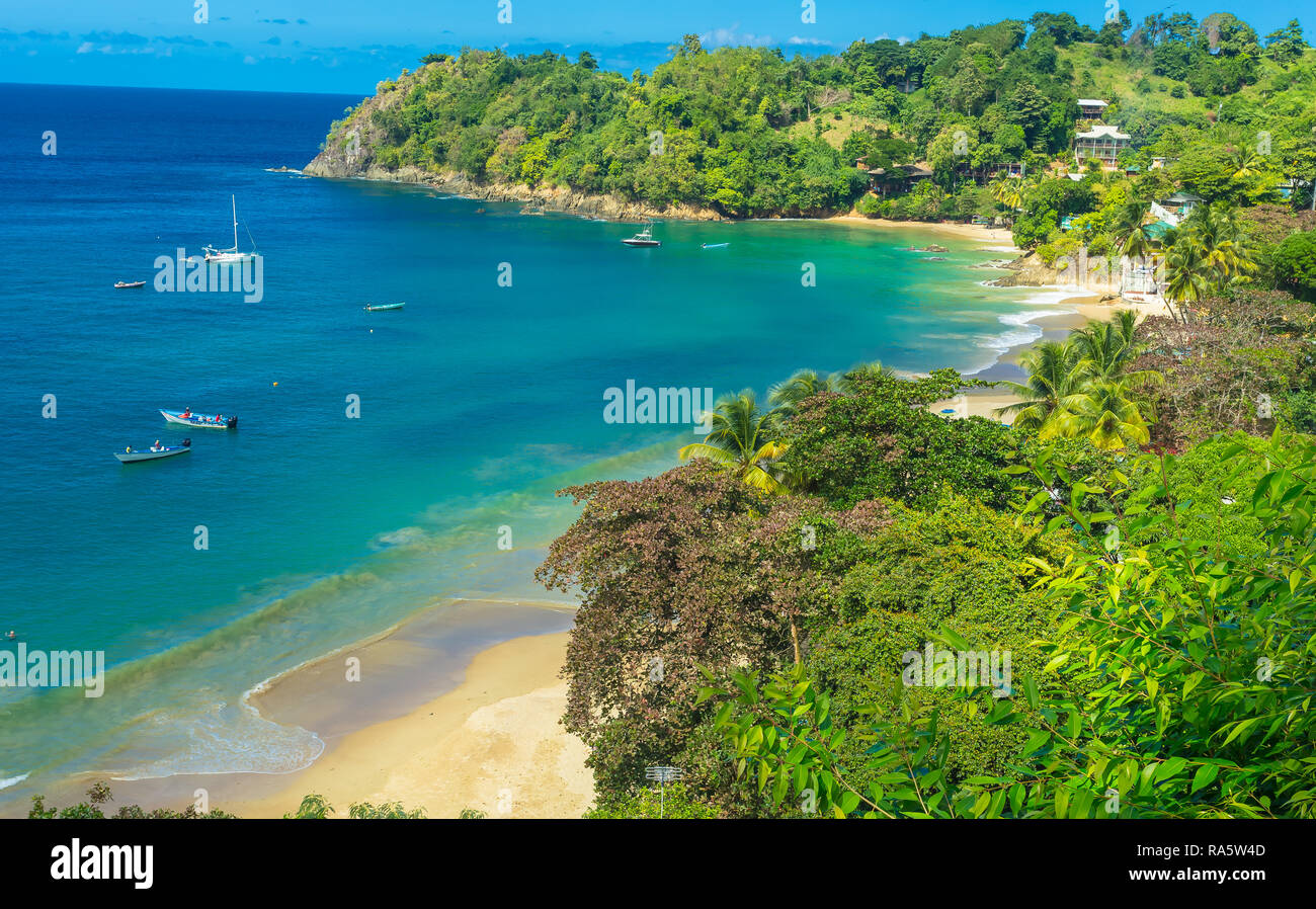 Castara ist ein kleines Fischerdorf auf der tropischen Insel Tobago in der Karibik. Häufig die ursprüngliche Robinson Crusoe Insel genannt. Deep Blue Sea Stockfoto