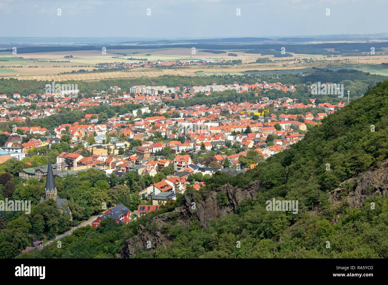 Blick auf Thale von der Seilbahn zum Hexentanzplatz, Hexentanz, Thale, Harz, Sachsen-Anhalt Stockfoto