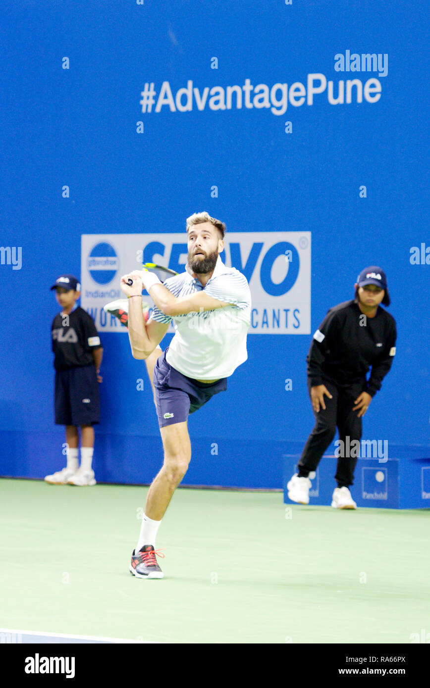 Pune, Indien. 1. Januar 2019. Benoit Paire von Frankreich in Aktion in der ersten Runde der Konkurrenz singles bei Tata Open Maharashtra ATP Tennis Turnier in Pune, Indien. Credit: karunesh Johri/Alamy leben Nachrichten Stockfoto