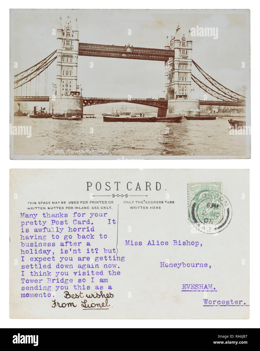 Postkarte von der Tower Bridge in London gesendet von Lionel zu Miss Alice Bischof, Honeybourne, Evesham, Worcester im November 1905 Stockfoto