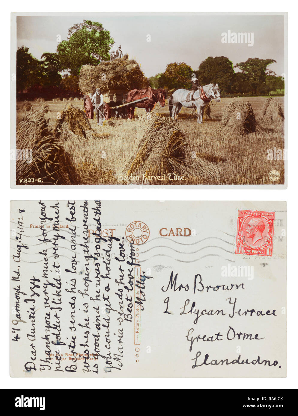 Postkarte gesendet von Molly am 47 Garmoyle Road, Liverpool zu ihrer Tante Izzy Braun am 2 Llycan Terrasse, Great Orme, Llandudno, Wales im August 1928 Stockfoto