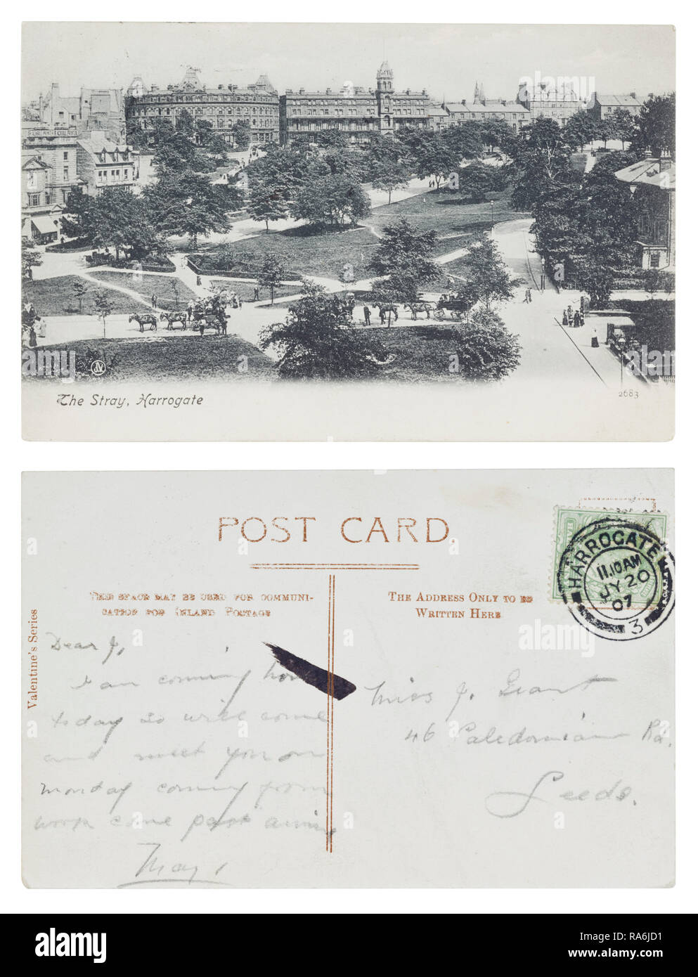Postkarte versenden von Harrogate zu vermissen J Grant bei 46 Calendonian Road, Leeds im Juli 1907 Stockfoto