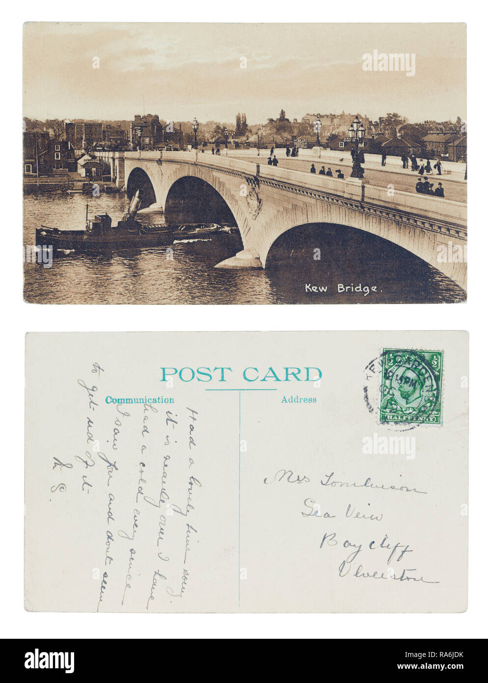 Postkarte Vorder- und Rückseite des Kew Bridge 1912 gesendet, Meerblick, Baycliff, Ulverston Stockfoto