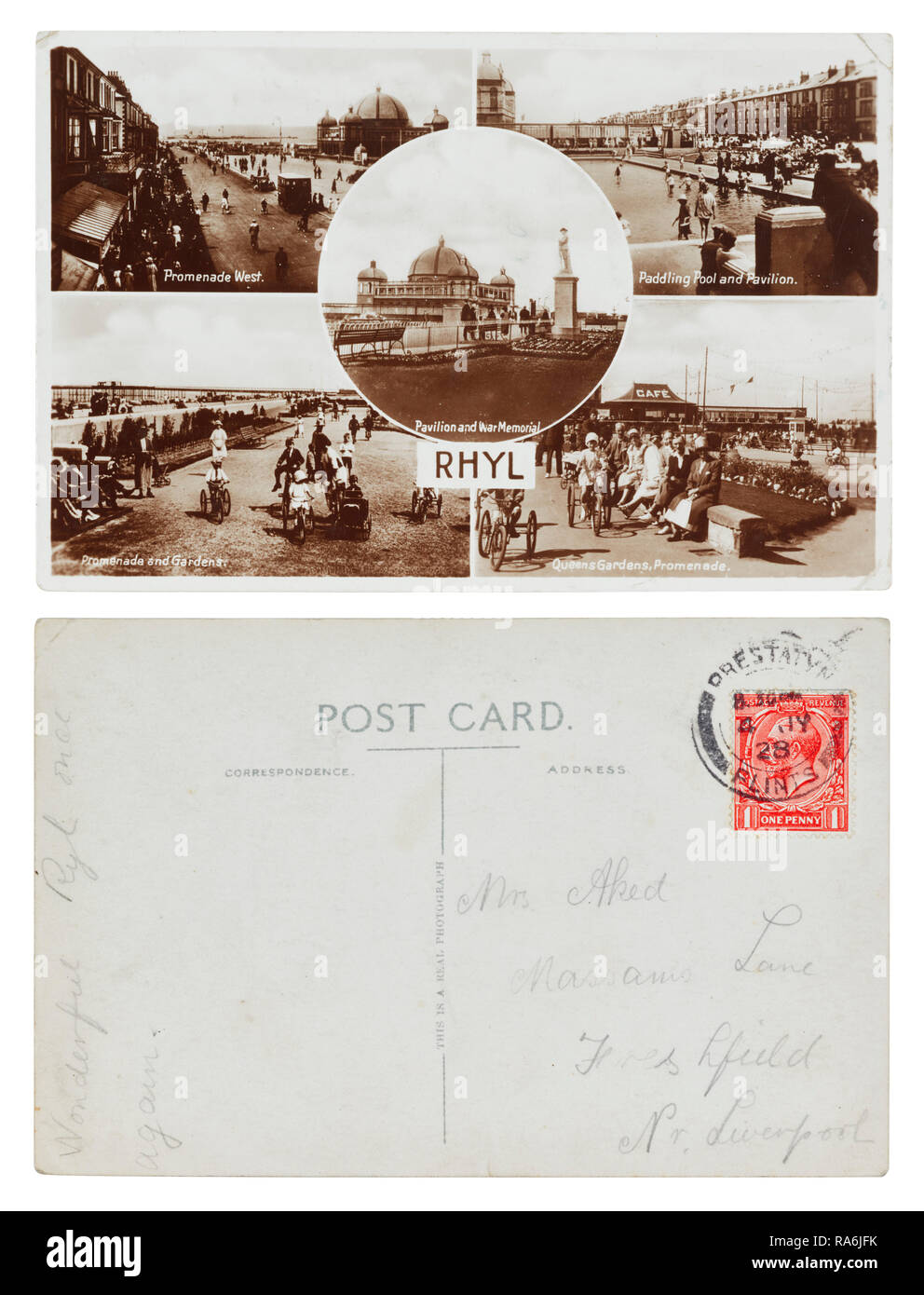 Postkarte gesendet von Rhyl 1928 an Frau Aked, Massams Lane, Freshfield, Liverpool mit der Meldung "wundervoll Ryl erneut.' Stockfoto