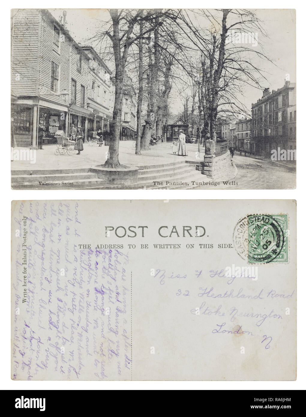 Postkarte gesendet von Tunbridge Wells zu vermissen J Hughes, 32 Heide Straße, Stoke Newington, London im August 1905 Stockfoto