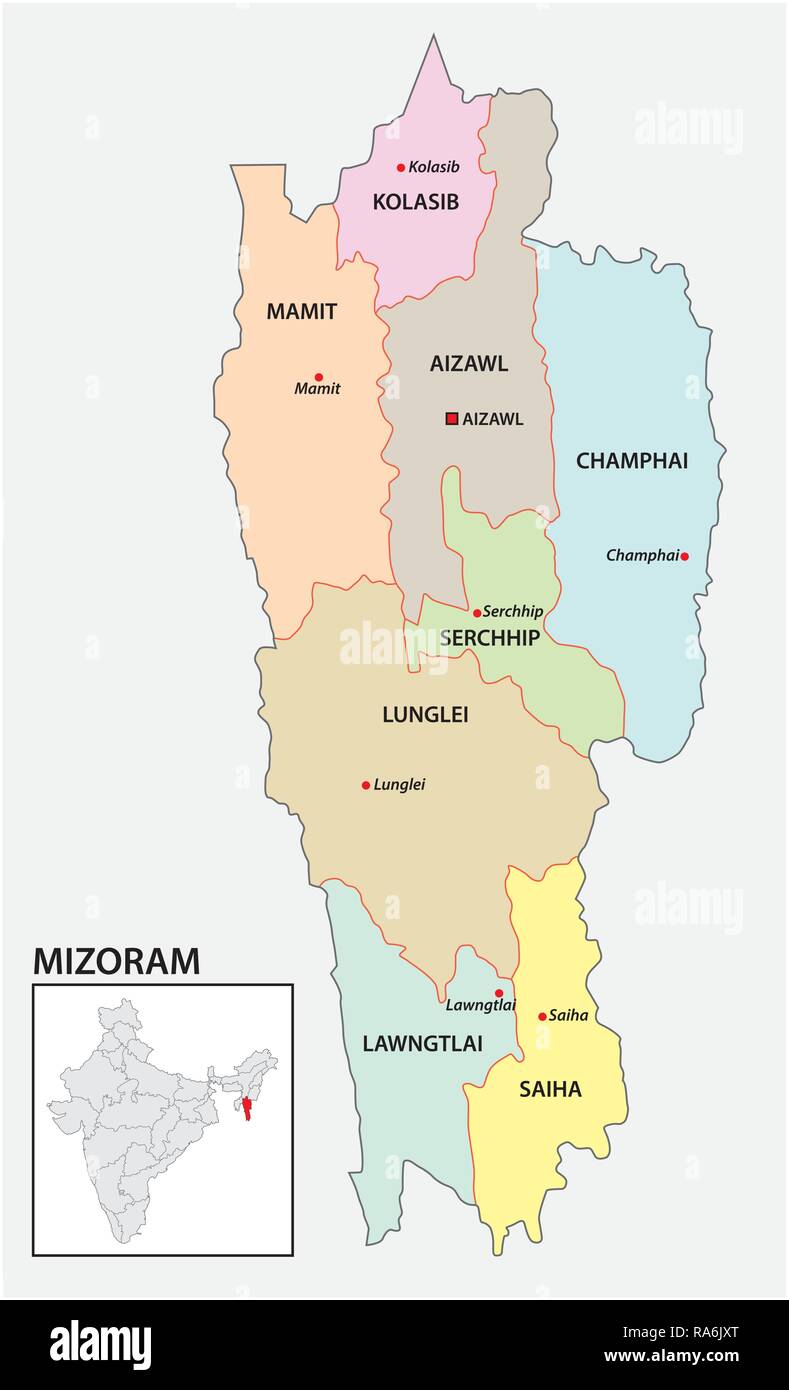 Administrative und politische Karte von indischen Bundesstaat Mizoram, Indien Stock Vektor