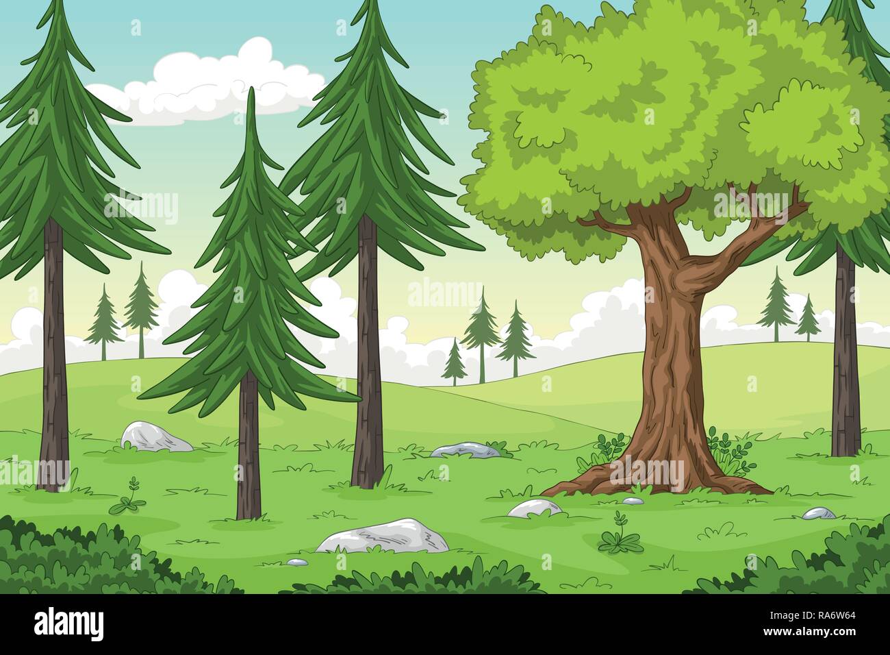 Cartoon Sommer Landschaft mit Bäumen, Hand zeichnen Abbildung Stock Vektor