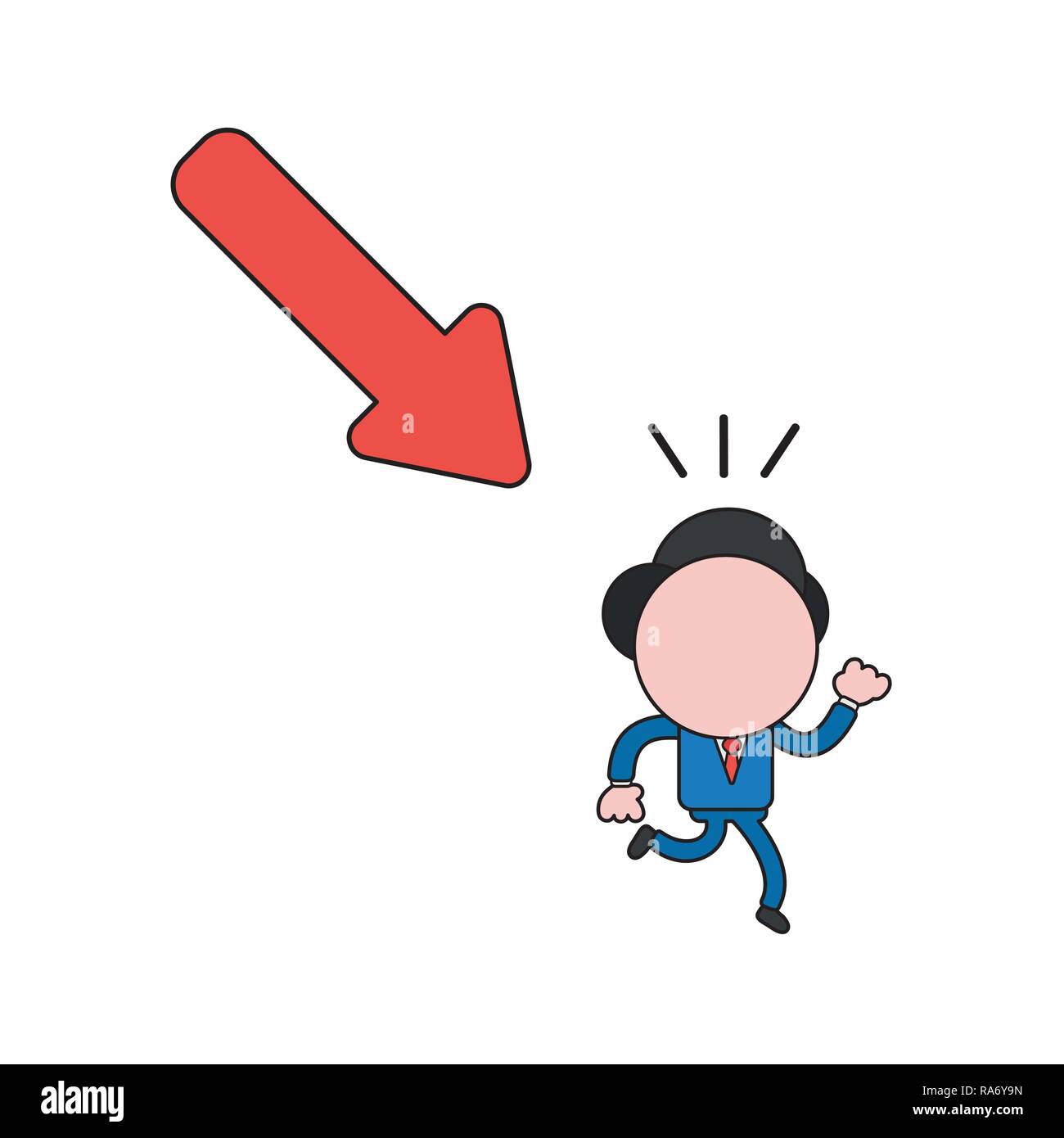 Vector Illustration Konzept der Geschäftsmann Charakter von Pfeil laufen nach unten bewegen. Farbe und schwarzen Umrissen. Stock Vektor