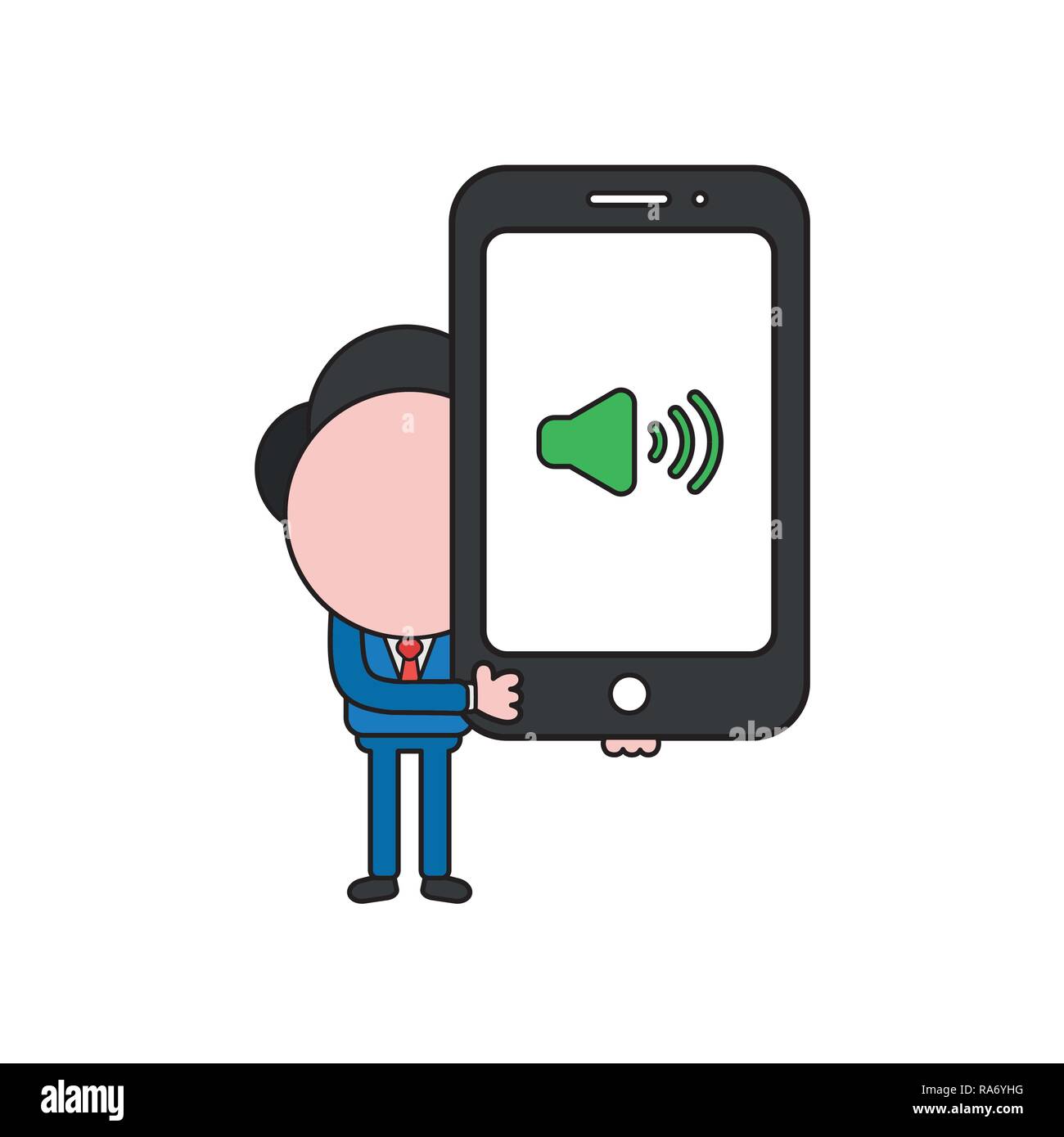 Vector Illustration Konzept der Geschäftsmann Charakter smartphone Holding mit Sound Symbol. Farbe und schwarzen Umrissen. Stock Vektor