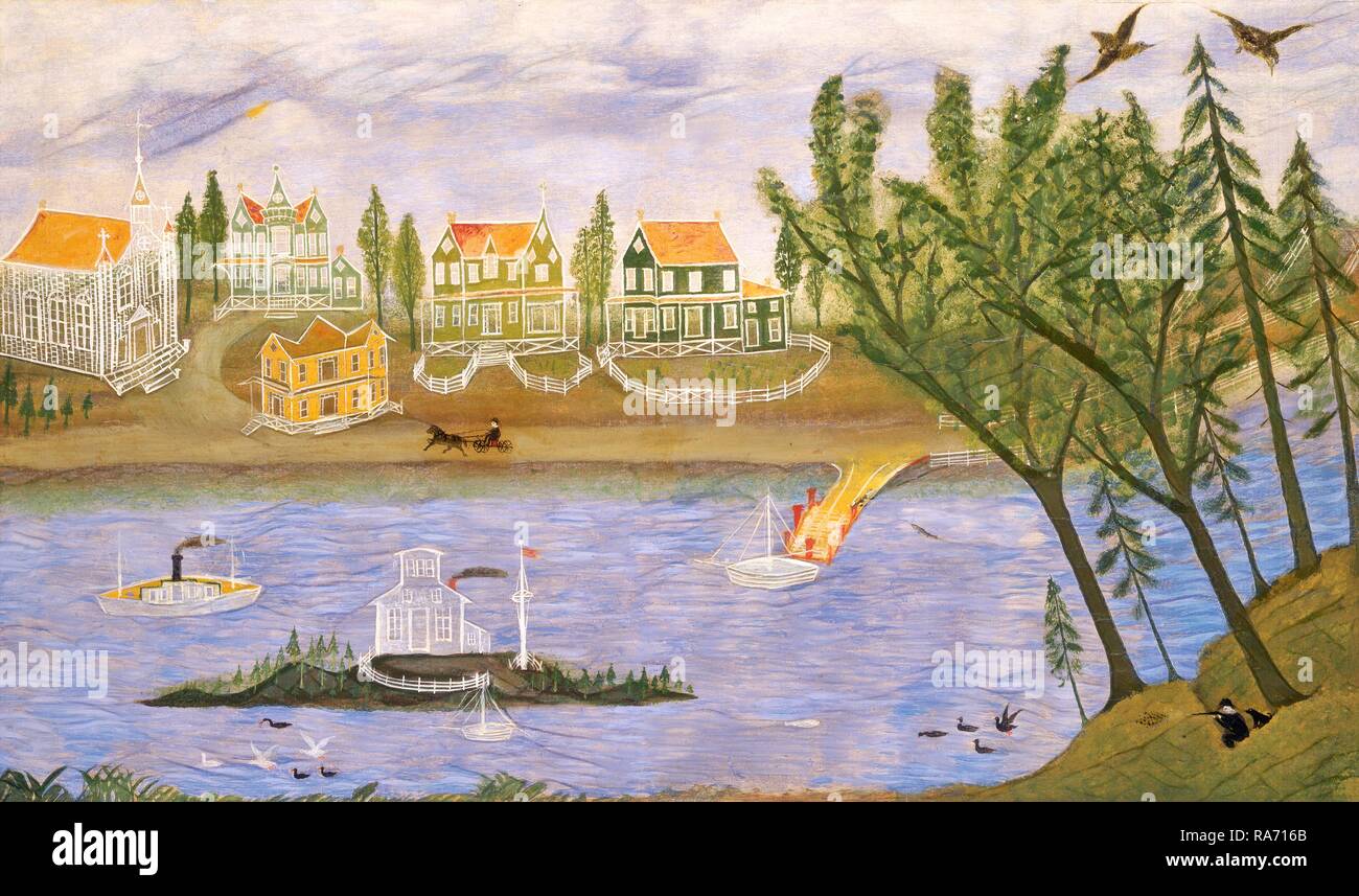 Amerikanische aus dem 19. Jahrhundert, das Dorf am Fluss, im vierten Quartal aus dem 19. Jahrhundert, Öl auf Leinwand. Neuerfundene durch Gibon. Klassische neuerfundene Stockfoto