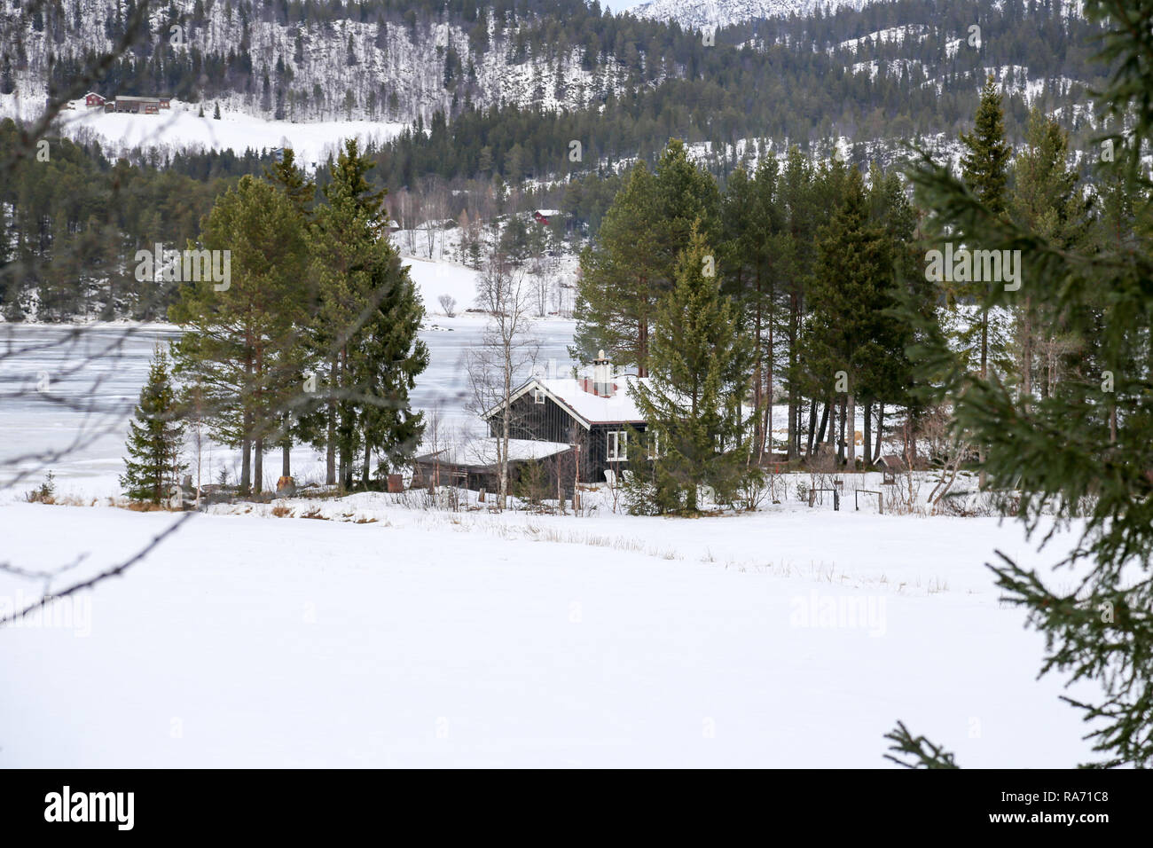 Norwegische Hütte im Schnee an einem See Stockfoto