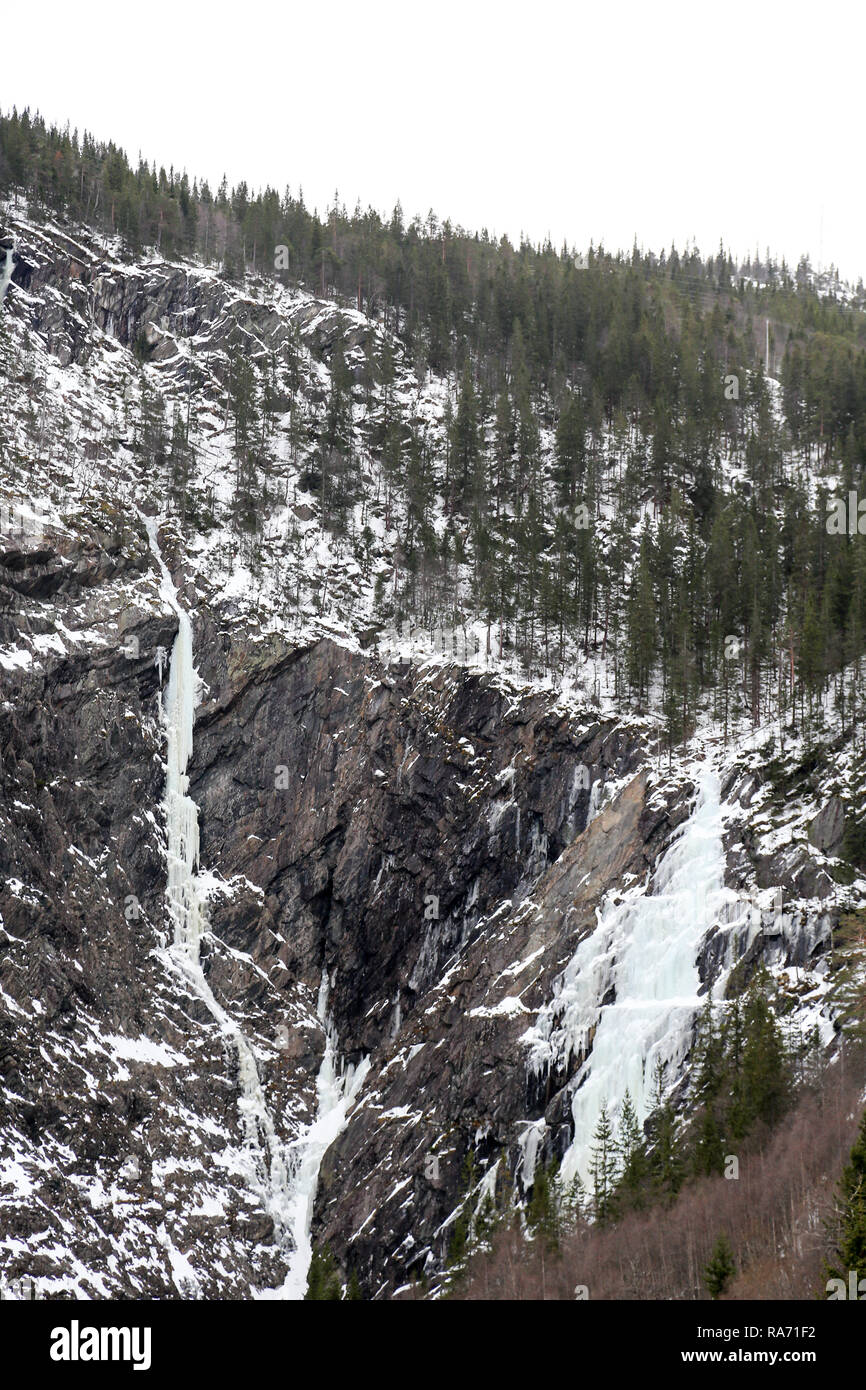 Gefrorenen Wasserfall und Wald Stockfoto