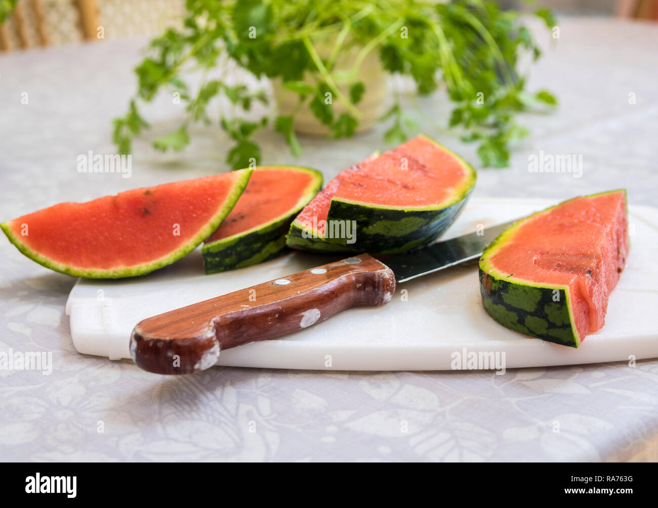 Scheiben rote reife Wassermelone ein Schneidebrett scharfe Schinkenmesser Griff aus Holz, 5 am Tag, gesundes Wohnen, Lifestyle Konzept frisches Obst frühstück Melone Stockfoto
