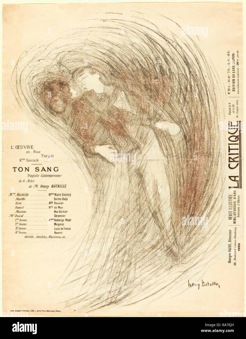 Henri Bataille, Französisch (1872-1922), Tonne Sang, C. 1895, Lithographie in Grau auf Webte Papier. Neuerfundene durch Gibon. Klassische neuerfundene Stockfoto
