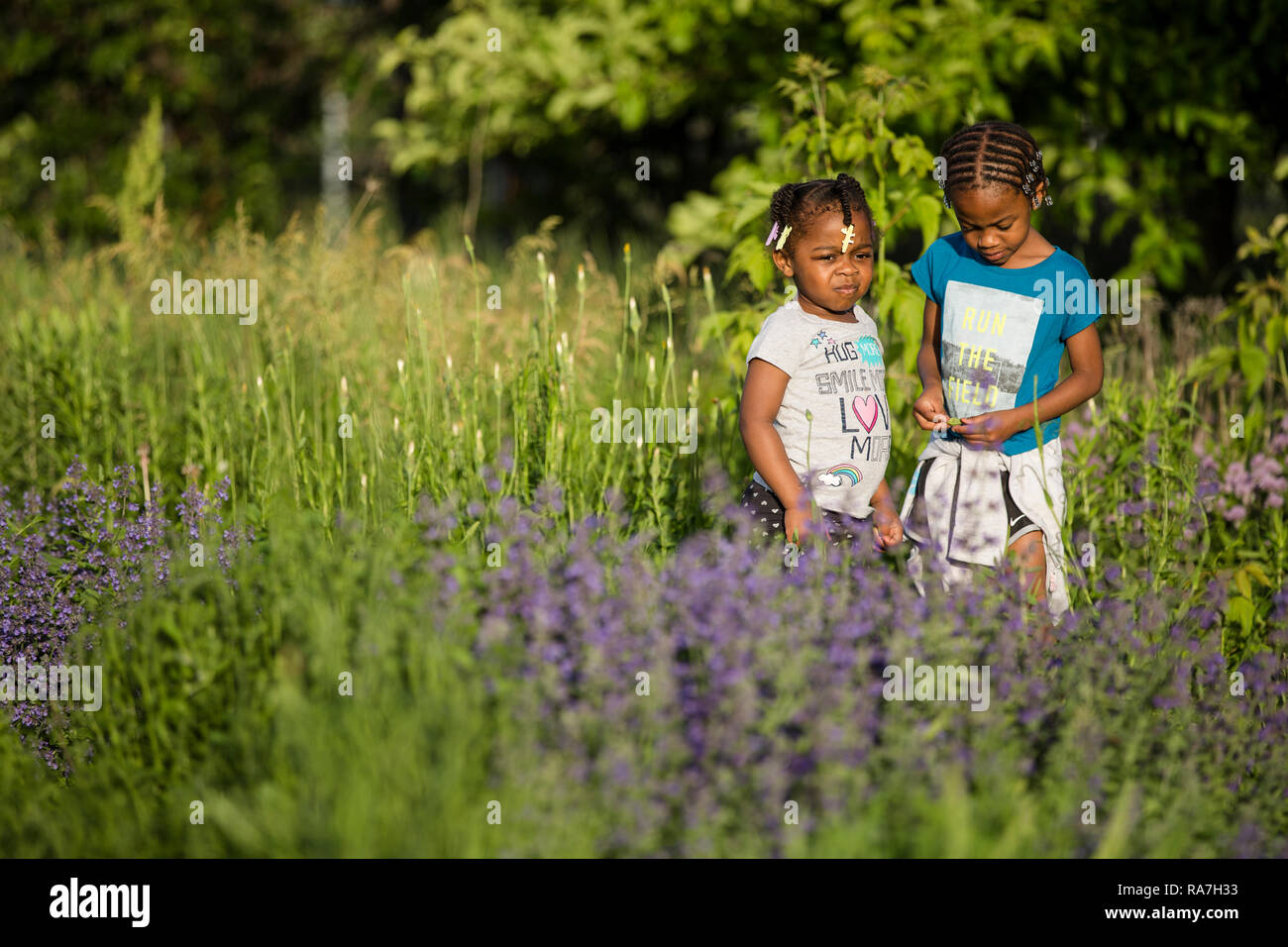 Zwei junge Schwestern hängen in einer städtischen Gemeinschaft Garten an einem sonnigen Sommerabend. Stockfoto