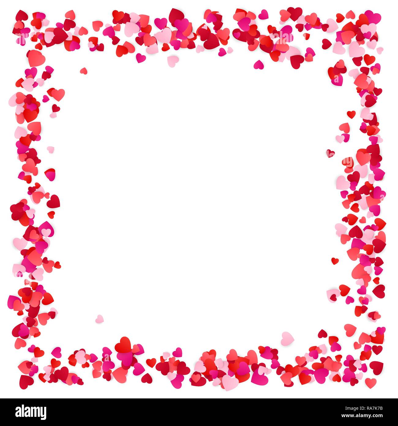 Rotes Papier Herzen Rahmen Hintergrund. Herz Rahmen mit Platz für Text. Romantische zerstreuten Herzen Textur. Vector Illustration Stock Vektor