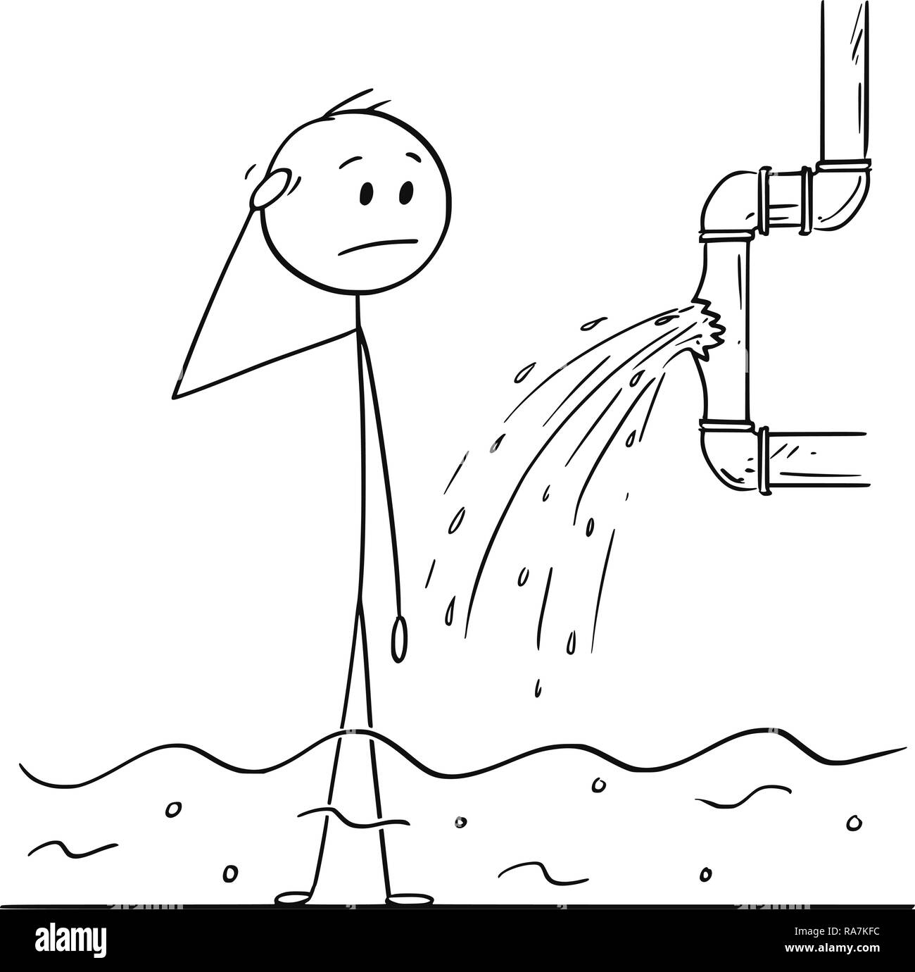 Stick Charakter Cartoon von Mann oder Geschäftsmann, gebrochene Wasserleitung Stock Vektor