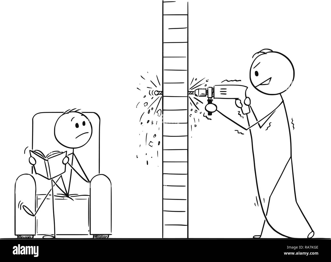 Cartoon von Mann mit Bohrmaschine und das Loch in der Wand, sondern gehen über in ein anderes Apartment Stock Vektor