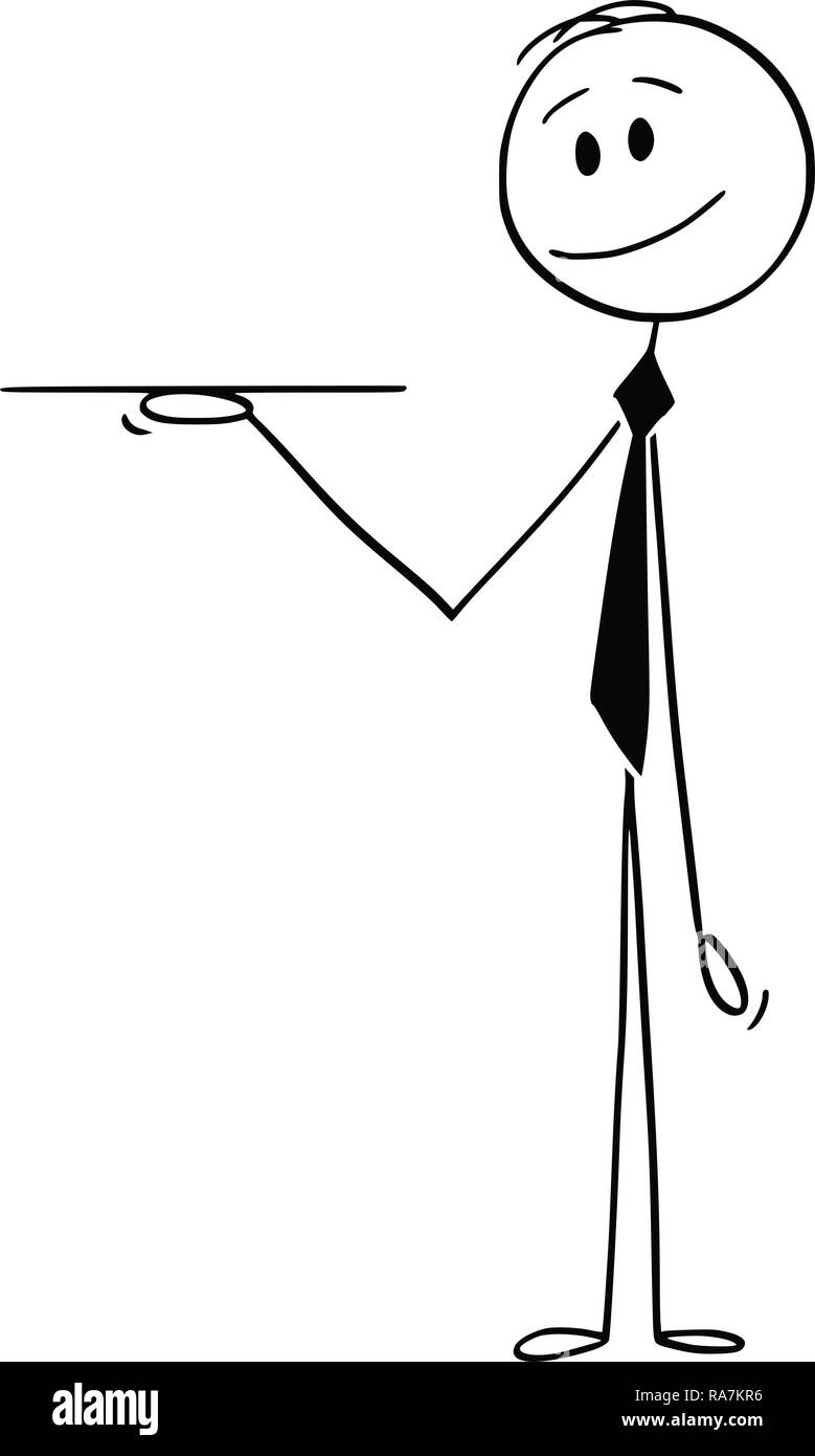 Cartoon von Kellner oder Geschäftsmann Holding leer Salver oder Fach Stock Vektor