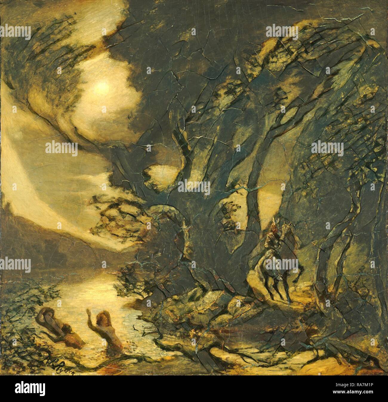 Albert Pinkham Ryder, Siegfried und die Rheintöchter, American, 1847-1917, 1888-1891, Öl auf Leinwand. Neuerfundene Stockfoto